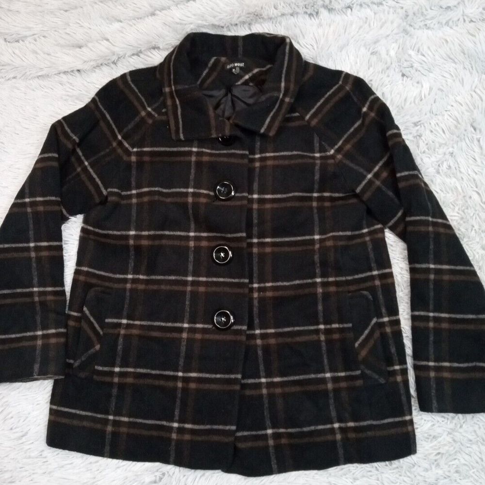600 West Jacket Womens M Black‎ Wool Blend Coat Plaid Pea Coat Pockets Cozy